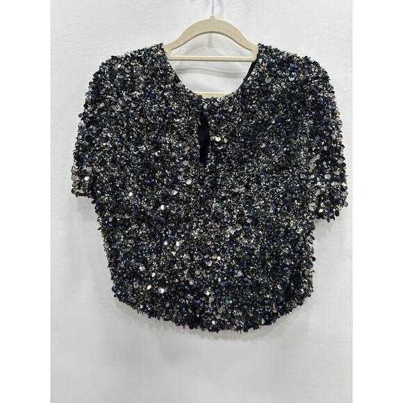 HAUTE HIPPIE Mosaic Sequin Embelished Cropped Top Short Sleeves Black Silk Sz‎ M - Picture 5 of 12
